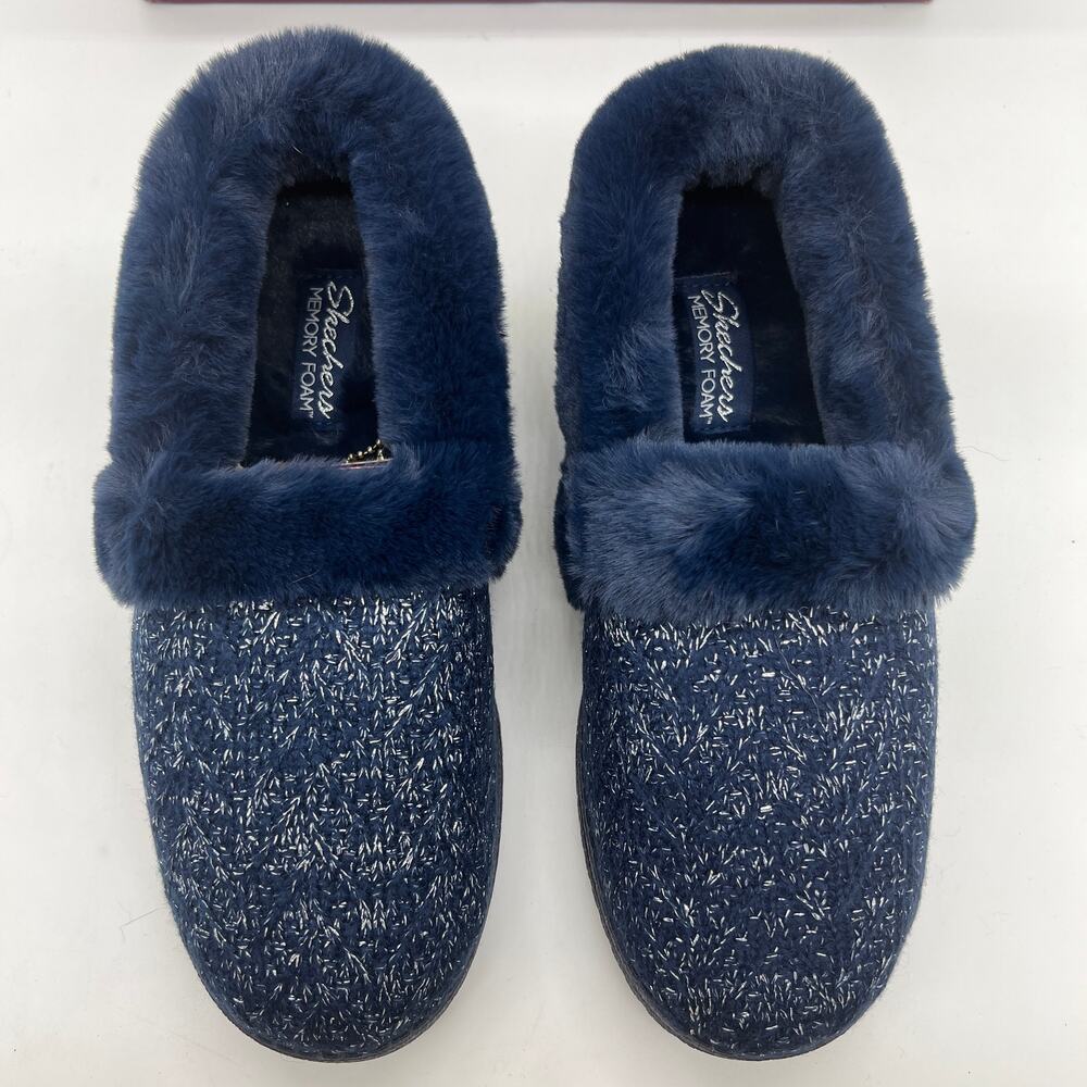 Skechers Shoes 7.5 Wide Cozy Lite Sparkle Knit Slippers Sweet Walk Navy